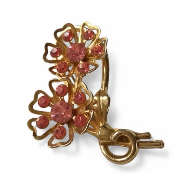 Vintage 1950s CORO Gold-Tone Floral Brooch w/ Pink Rhinestones - Picture 4 of 9